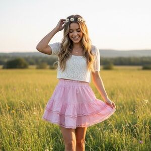 Pink Boho Ruffle Skort Tiered Eyelet Trim Mini Skirt Coquette Cottagecore M